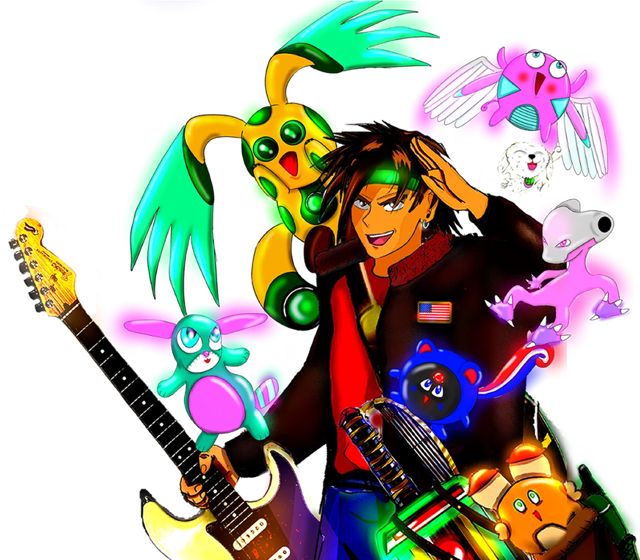 4:44 with guitar surrounded by 444WORLD creatures